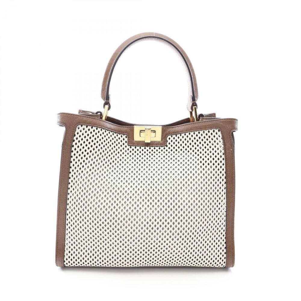 Fendi Peekaboo Lite Perforated Handbag Leather White Brown